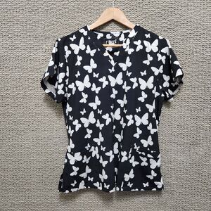 REVEL Women’s Butterfly Print Scrub Top Black White V Neck Stretch Size L